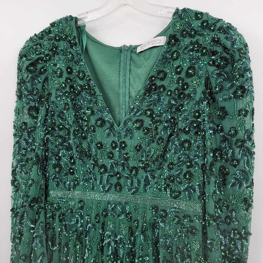 Mac Duggal Green Embellished V Neck 3/4 Sleeve A Line Gown - Picture 4 of 15